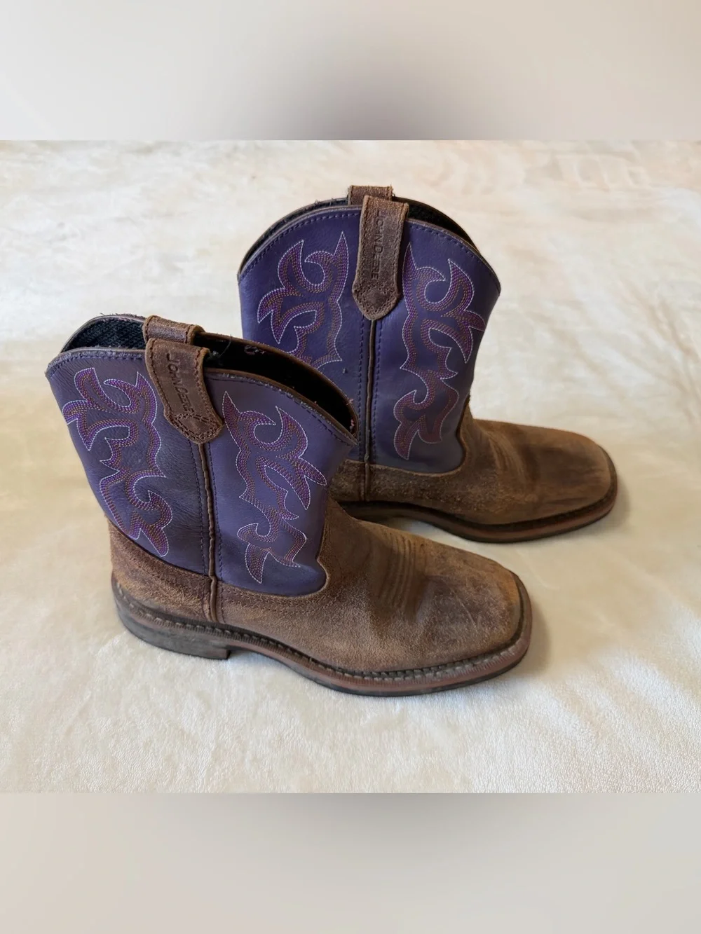 John Deere Dan Post Youth Girls’ Cowboy Boots, Brown and Purple, Size 5M
